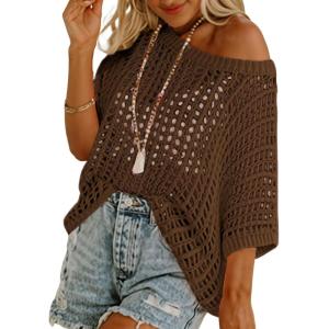 imageDokotoo Womens Summer Scoop Neck Short Sleeve Sweater Casual Crochet Hollow Out Knit Tops Pullover Shirts Beach CoverupDesert Palm