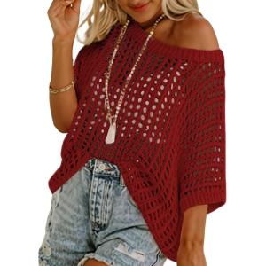 imageDokotoo Womens Summer Scoop Neck Short Sleeve Sweater Casual Crochet Hollow Out Knit Tops Pullover Shirts Beach CoverupFiery Red