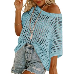 imageDokotoo Womens Summer Scoop Neck Short Sleeve Sweater Casual Crochet Hollow Out Knit Tops Pullover Shirts Beach CoverupLight Blue