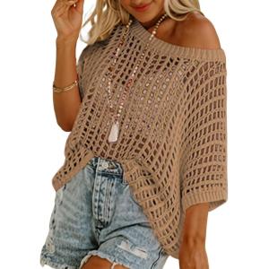 imageDokotoo Womens Summer Scoop Neck Short Sleeve Sweater Casual Crochet Hollow Out Knit Tops Pullover Shirts Beach CoverupLight French Beige