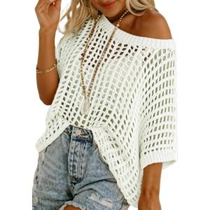 imageDokotoo Womens Summer Scoop Neck Short Sleeve Sweater Casual Crochet Hollow Out Knit Tops Pullover Shirts Beach CoverupMilk White