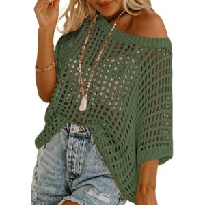 imageDokotoo Womens Summer Scoop Neck Short Sleeve Sweater Casual Crochet Hollow Out Knit Tops Pullover Shirts Beach CoverupMist Green