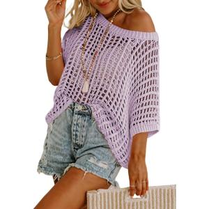 imageDokotoo Womens Summer Scoop Neck Short Sleeve Sweater Casual Crochet Hollow Out Knit Tops Pullover Shirts Beach CoverupOrchid Bouquet