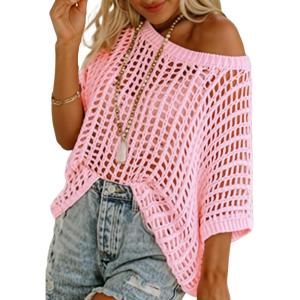 imageDokotoo Womens Summer Scoop Neck Short Sleeve Sweater Casual Crochet Hollow Out Knit Tops Pullover Shirts Beach CoverupPink