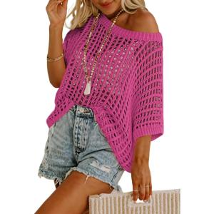 imageDokotoo Womens Summer Scoop Neck Short Sleeve Sweater Casual Crochet Hollow Out Knit Tops Pullover Shirts Beach CoverupRose Red
