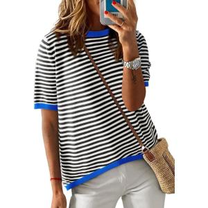 imageDokotoo Womens Tops Casual Summer Crewneck Short Sleeve Striped Color Block Knit High Low Trendy Pullover SweatersA Black 2