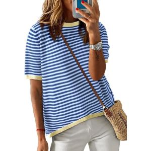 imageDokotoo Womens Tops Casual Summer Crewneck Short Sleeve Striped Color Block Knit High Low Trendy Pullover SweatersA Blue 2
