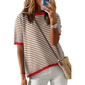 imageDokotoo Womens Tops Casual Summer Crewneck Short Sleeve Striped Color Block Knit High Low Trendy Pullover SweatersA Brown