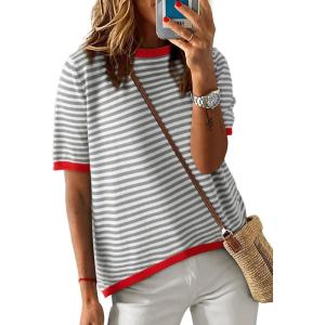 imageDokotoo Womens Tops Casual Summer Crewneck Short Sleeve Striped Color Block Knit High Low Trendy Pullover SweatersA Gray