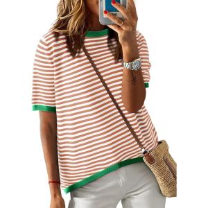 imageDokotoo Womens Tops Casual Summer Crewneck Short Sleeve Striped Color Block Knit High Low Trendy Pullover SweatersA Orange