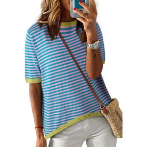 imageDokotoo Womens Tops Casual Summer Crewneck Short Sleeve Striped Color Block Knit High Low Trendy Pullover SweatersA Pink