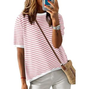 imageDokotoo Womens Tops Casual Summer Crewneck Short Sleeve Striped Color Block Knit High Low Trendy Pullover SweatersA Pink White