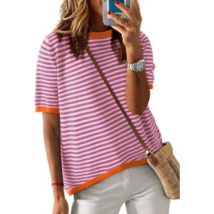 imageDokotoo Womens Tops Casual Summer Crewneck Short Sleeve Striped Color Block Knit High Low Trendy Pullover SweatersA Purple