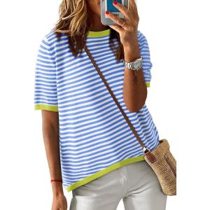 imageDokotoo Womens Tops Casual Summer Crewneck Short Sleeve Striped Color Block Knit High Low Trendy Pullover SweatersA Sky Blue