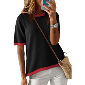 imageDokotoo Womens Tops Casual Summer Crewneck Short Sleeve Striped Color Block Knit High Low Trendy Pullover SweatersB Solid Black