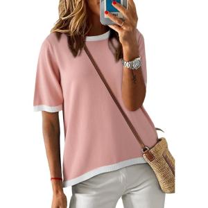 imageDokotoo Womens Tops Casual Summer Crewneck Short Sleeve Striped Color Block Knit High Low Trendy Pullover SweatersB Solid Pink