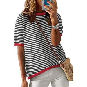 imageDokotoo Womens Tops Casual Summer Crewneck Short Sleeve Striped Color Block Knit High Low Trendy Pullover SweatersBlack
