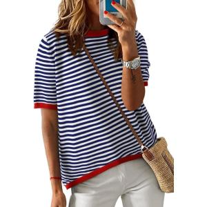 imageDokotoo Womens Tops Casual Summer Crewneck Short Sleeve Striped Color Block Knit High Low Trendy Pullover SweatersBlue