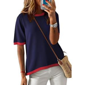 imageDokotoo Womens Tops Casual Summer Crewneck Short Sleeve Striped Color Block Knit High Low Trendy Pullover SweatersC Dark Clue