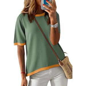 imageDokotoo Womens Tops Casual Summer Crewneck Short Sleeve Striped Color Block Knit High Low Trendy Pullover SweatersC Green 2