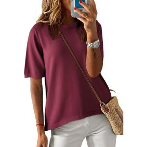imageDokotoo Womens Tops Casual Summer Crewneck Short Sleeve Striped Color Block Knit High Low Trendy Pullover SweatersC Solid Red