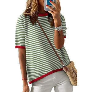 imageDokotoo Womens Tops Casual Summer Crewneck Short Sleeve Striped Color Block Knit High Low Trendy Pullover SweatersGreen