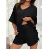 imageDokotoo Womens 2 Piece Loungewear Sets Casual Short Sleeve Womens Tops Drawstring Shorts Pants Waffle Knit SetsBlack