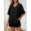imageDokotoo Womens 2 Piece Loungewear Sets Casual Short Sleeve Womens Tops Drawstring Shorts Pants Waffle Knit SetsBlack