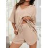imageDokotoo Womens 2 Piece Loungewear Sets Casual Short Sleeve Womens Tops Drawstring Shorts Pants Waffle Knit SetsParchment
