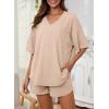imageDokotoo Womens 2 Piece Loungewear Sets Casual Short Sleeve Womens Tops Drawstring Shorts Pants Waffle Knit SetsParchment