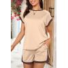 imageDokotoo Womens 2 Piece Outfits Casual Colorblock Short Sleeve Pullover Tops and Drawstring Shorts Pants Lounge SetsApricot