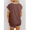 imageDokotoo Womens 2 Piece Outfits Casual Colorblock Short Sleeve Pullover Tops and Drawstring Shorts Pants Lounge SetsCoffee
