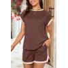 imageDokotoo Womens 2 Piece Outfits Casual Colorblock Short Sleeve Pullover Tops and Drawstring Shorts Pants Lounge SetsCoffee