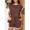 imageDokotoo Womens 2 Piece Outfits Casual Colorblock Short Sleeve Pullover Tops and Drawstring Shorts Pants Lounge SetsCoffee