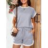 imageDokotoo Womens 2 Piece Outfits Casual Colorblock Short Sleeve Pullover Tops and Drawstring Shorts Pants Lounge SetsLight Grey