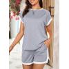 imageDokotoo Womens 2 Piece Outfits Casual Colorblock Short Sleeve Pullover Tops and Drawstring Shorts Pants Lounge SetsLight Grey