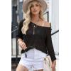 imageDokotoo Womens 2025 Spring Summer Crochet Hollow Out 34 Sleeve Pullover Sweater Off Shoulder TShirtsBlack