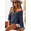 imageDokotoo Womens 2025 Spring Summer Crochet Hollow Out 34 Sleeve Pullover Sweater Off Shoulder TShirtsNavy Blue
