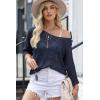 imageDokotoo Womens 2025 Spring Summer Crochet Hollow Out 34 Sleeve Pullover Sweater Off Shoulder TShirtsNavy Blue