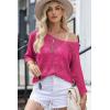 imageDokotoo Womens 2025 Spring Summer Crochet Hollow Out 34 Sleeve Pullover Sweater Off Shoulder TShirtsRose Red