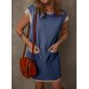 imageDokotoo Womens Casual Summer Dresses Fashion Cap Sleeve Color Block Crewneck Shift Tshirt Mini DressBlue 2