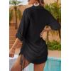 imageDokotoo Womens Summer Beach Cover Ups Casual V Neck Long Sleeve Swimsuit Coverup Pleated Solid Drawstring Dresses ShirtBlack
