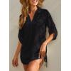 imageDokotoo Womens Summer Beach Cover Ups Casual V Neck Long Sleeve Swimsuit Coverup Pleated Solid Drawstring Dresses ShirtBlack