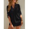 imageDokotoo Womens Summer Beach Cover Ups Casual V Neck Long Sleeve Swimsuit Coverup Pleated Solid Drawstring Dresses ShirtBlack