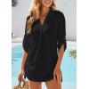 imageDokotoo Womens Summer Beach Cover Ups Casual V Neck Long Sleeve Swimsuit Coverup Pleated Solid Drawstring Dresses ShirtBlack