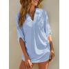 imageDokotoo Womens Summer Beach Cover Ups Casual V Neck Long Sleeve Swimsuit Coverup Pleated Solid Drawstring Dresses ShirtBlue