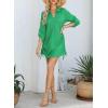 imageDokotoo Womens Summer Beach Cover Ups Casual V Neck Long Sleeve Swimsuit Coverup Pleated Solid Drawstring Dresses ShirtGreen