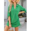 imageDokotoo Womens Summer Beach Cover Ups Casual V Neck Long Sleeve Swimsuit Coverup Pleated Solid Drawstring Dresses ShirtGreen