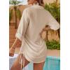 imageDokotoo Womens Summer Beach Cover Ups Casual V Neck Long Sleeve Swimsuit Coverup Pleated Solid Drawstring Dresses ShirtKhaki