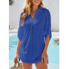 imageDokotoo Womens Summer Beach Cover Ups Casual V Neck Long Sleeve Swimsuit Coverup Pleated Solid Drawstring Dresses ShirtNavy Blue